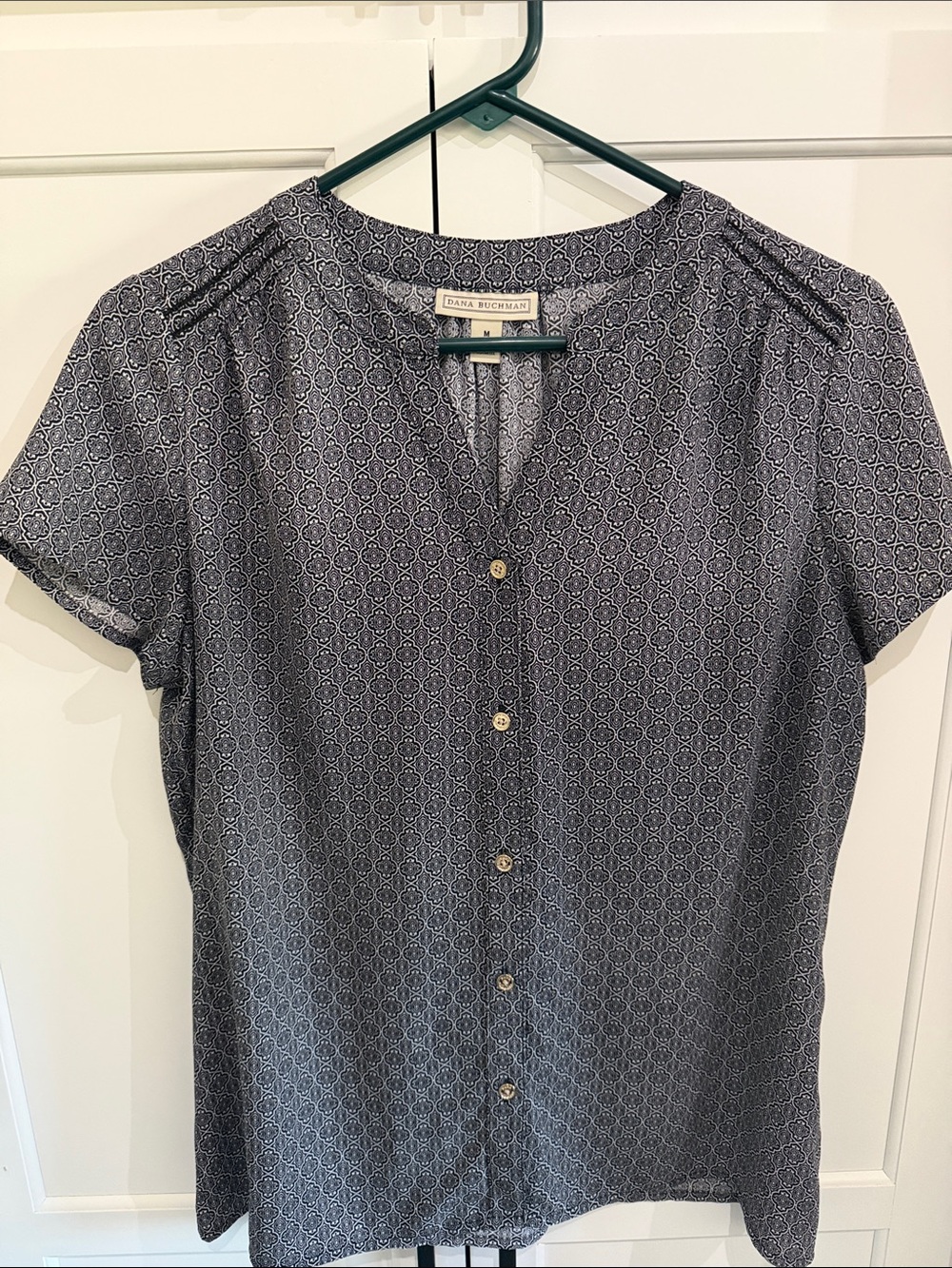 Dana Buchman Navy Geometric Short-Sleeve Button Front Blouse